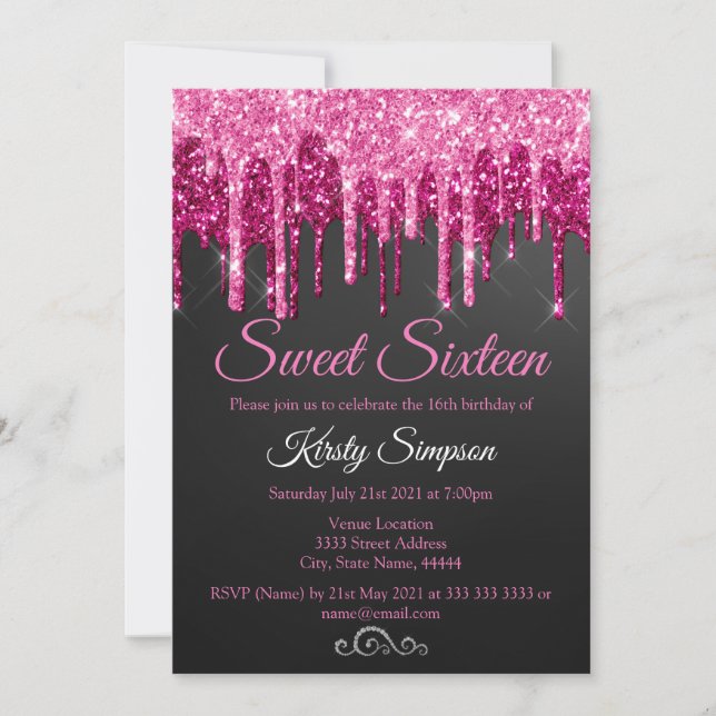 Chic Black Rosa Glitter Sweet sixteen Invita Inbjudningar (Framsida)