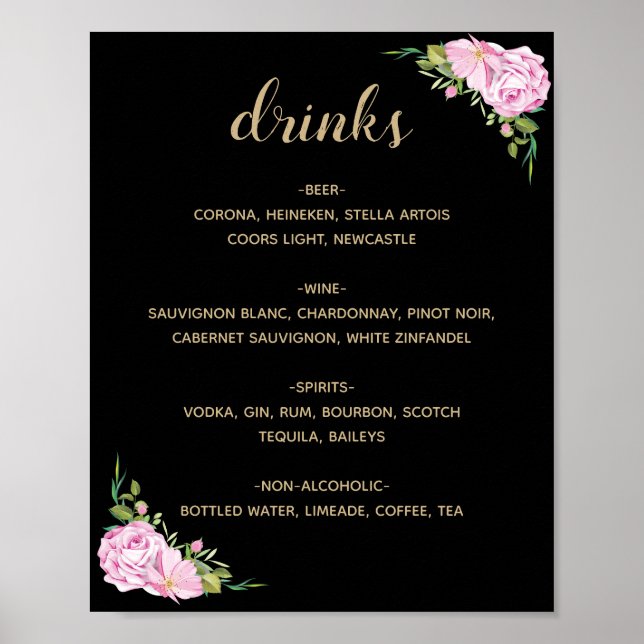Chic Black Rosa ros Drinks Menu Poster (Framsidan)