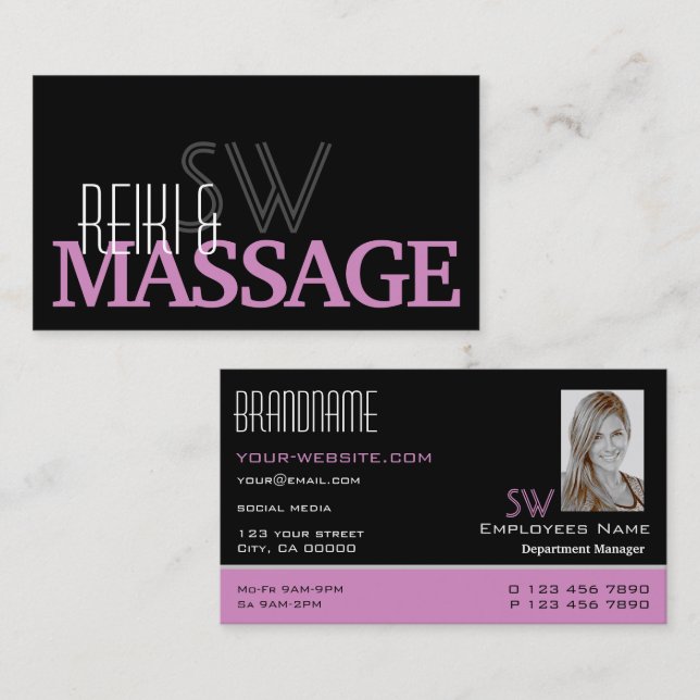 Chic Black Rosa White Simple Monogram och Photo Visitkort (Fram/baksida)