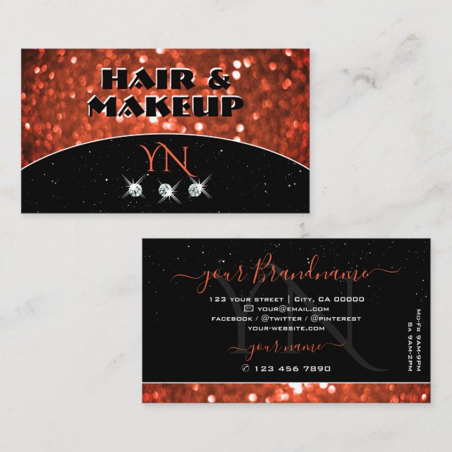 Chic Black Salmon Orange Gnistra Glitter Monogram Visitkort (Fram/baksida)