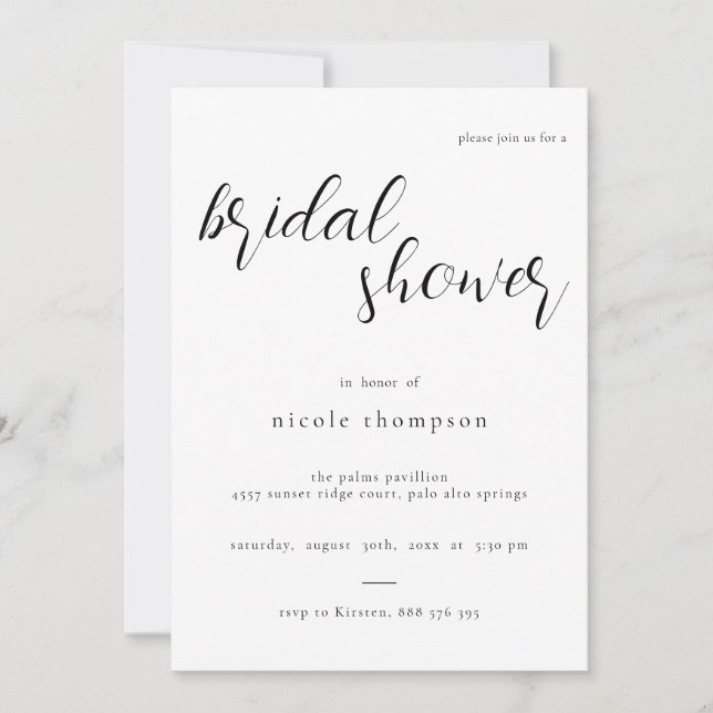 Chic Black Script Bridal Shower Invitation Minimal Inbjudningar (Framsida)