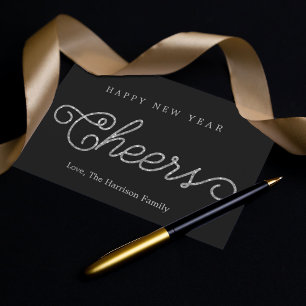 Chic Black & Silver Glitter Cheers Gott nytt år Julkort