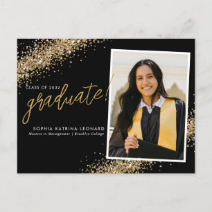 Chic Black Student Glitter Guld Photo Studenten Meddelande Vykort