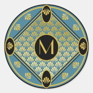 Chic Black &Teal Art Deco Fläkt Monogram Runt Klistermärke
