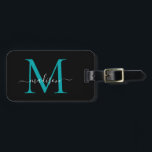 Chic Black Teal Grönt Monogram Script Namn Snyggt Bagagebricka<br><div class="desc">Elegant Modern Snyggt Black Teal Grönt Monogram Script Snyggt Bag Märkre Namn</div>