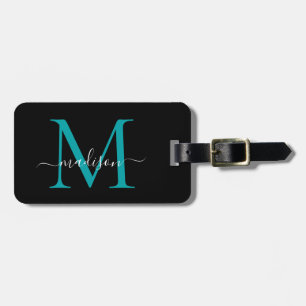 Chic Black Teal Grönt Monogram Script Namn Snyggt Bagagebricka