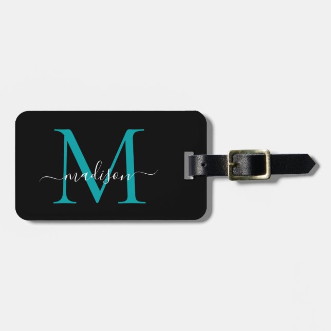 Chic Black Teal Grönt Monogram Script Namn Snyggt Bagagebricka (Horisontell Framsida)