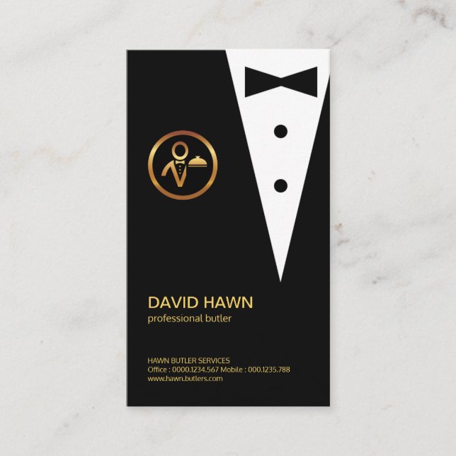Chic Black Tuxedo Guld Boutonniere Butlers Logotyp Visitkort (Framsida)