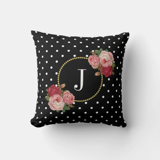 Chic Black Vintage Flowers Polka dots Monogram Kudde (Framsida)