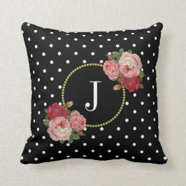 Chic Black Vintage Flowers Polka dots Monogram Kudde
