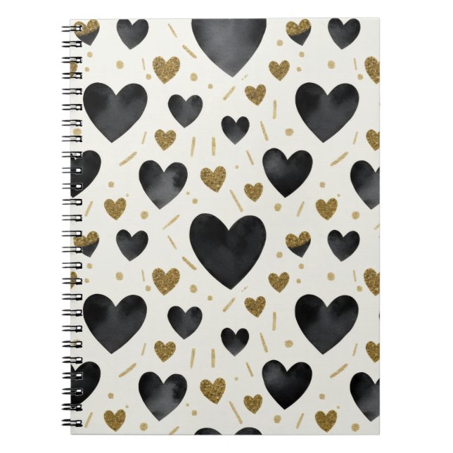 Chic Black Watercolor Hearts Anteckningsbok (Framsidan)