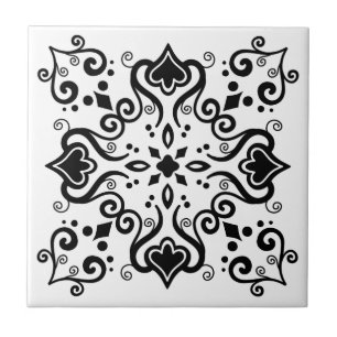Chic Black White Azulejo Stil Mönster A01b Kakelplatta