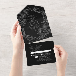Chic Black White Blommigt Botanical Bröllop