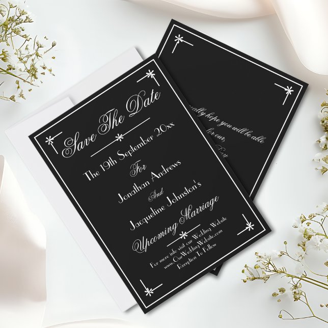 Chic Black & White Bröllop Spara Datumet (Luxury Classic Chic Black and White Wedding Save The Date Cards.)