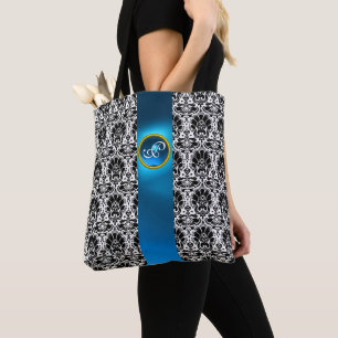 CHIC BLACK WHITE DAMASK,BLUE GEMSTONE MONOGRAM TYGKASSE