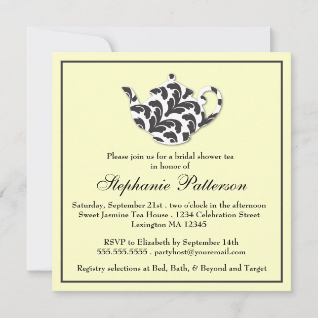 Chic Black & White Damask Möhippa Tea Party Inbjudningar (Framsida)
