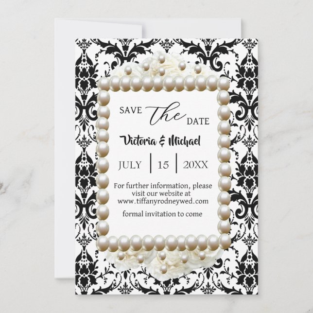 Chic Black $ White Damask Pearl Spara-the-Date Inbjudningar (Framsida)