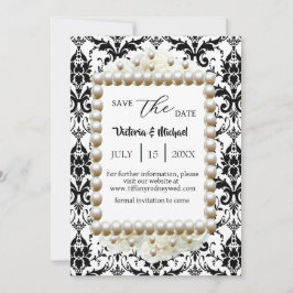Chic Black $ White Damask Pearl Spara-the-Date Inbjudningar