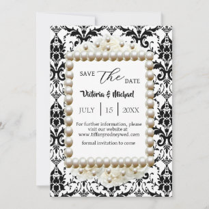 Chic Black $ White Damask Pearl Spara-the-Date Inbjudningar
