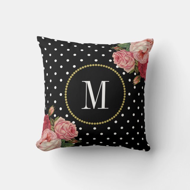 Chic Black White Dots Vintage Blommigt Monogram Kudde (Framsida)