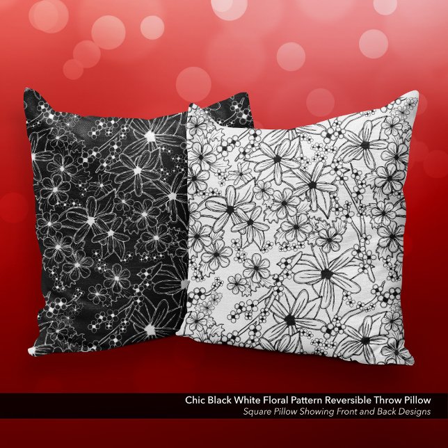 Chic Black White Floral Pattern Reversible Kudde (Chic Black and White Floral Pattern Reversible Throw Pillow)