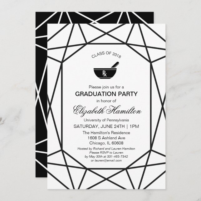 Chic Black & White Gem Pharmacy School Grad Party Inbjudningar (Fram/baksida)