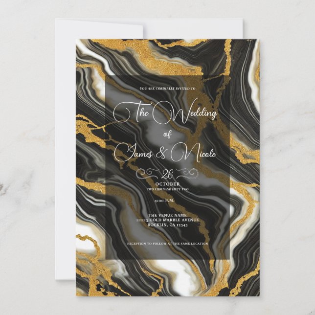 Chic Black White Guld Marble Titta Glam Bröllop Inbjudningar (Framsida)