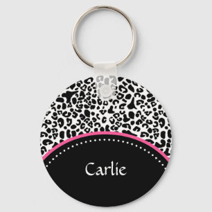 Chic Black White Leopard Skriv ut Rosa accent Namn Nyckelring