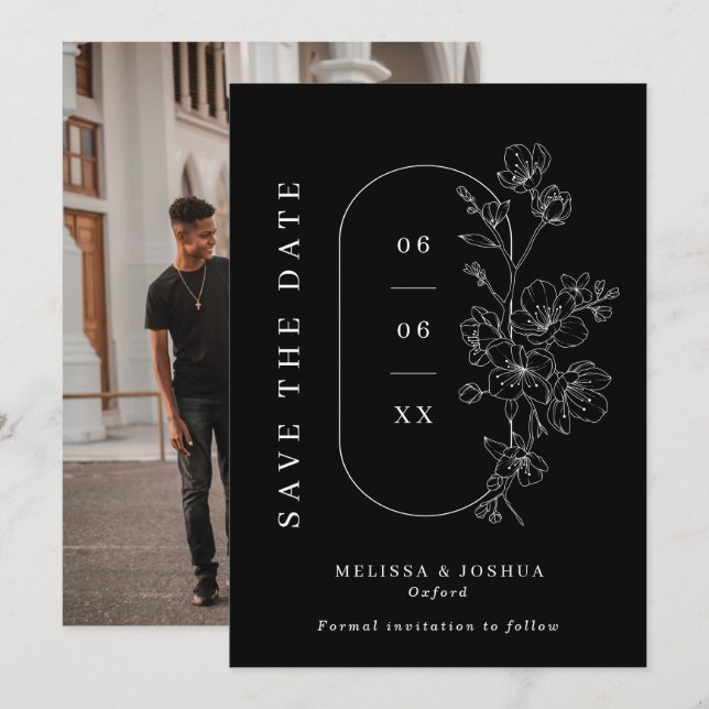 Chic Black & White Line Drawing Blommigt Photo Brö Spara Datumet (Fram/baksida)