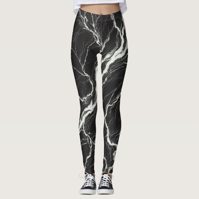 Chic Black & White Marble View Glamor Leggings (Framsida)