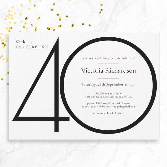 Chic Black White Minimalist Surprise 40:e födelsed Inbjudningar (Mockup View)