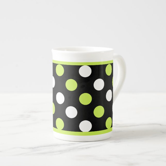 Chic Black, White och Chartreuse Polka Dot Benporslin Mugg (Framsida höger)