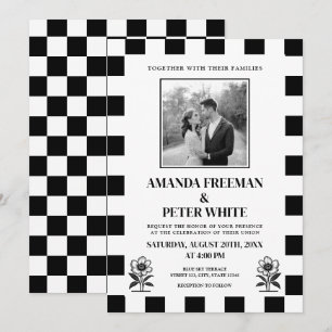 Chic Black & White Photo Checkerboard Bröllop Inbjudningar