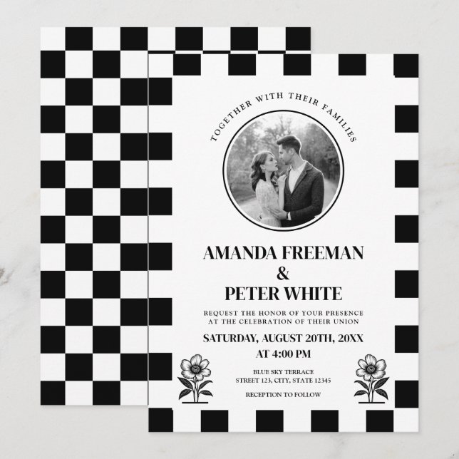 Chic Black & White Photo Checkerboard Bröllop Inbjudningar (Fram/baksida)