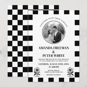 Chic Black & White Photo Checkerboard Bröllop Inbjudningar