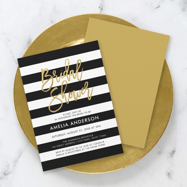 Chic Black & White Rand Faux Guld Möhippa Inbjudningar (Skapare uppladdad)