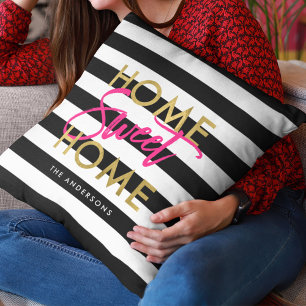 Chic Black & White Rand Guld Home Sweet Home Kudde