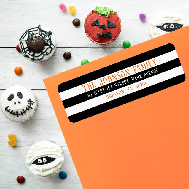 Chic Black White Rand Halloween Returadress Etikett (Chic Black White Stripes Halloween Return Address Label)