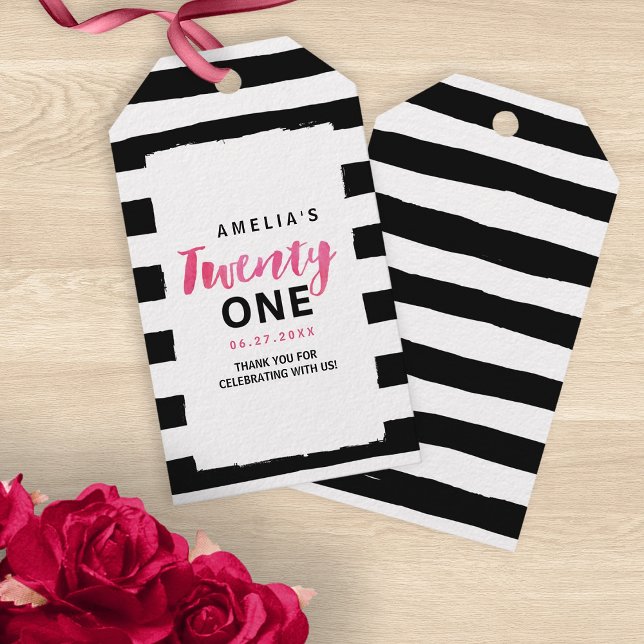 Chic Black & White Rand Rosa 21:a födelsedag Presentetikett (Skapare uppladdad)
