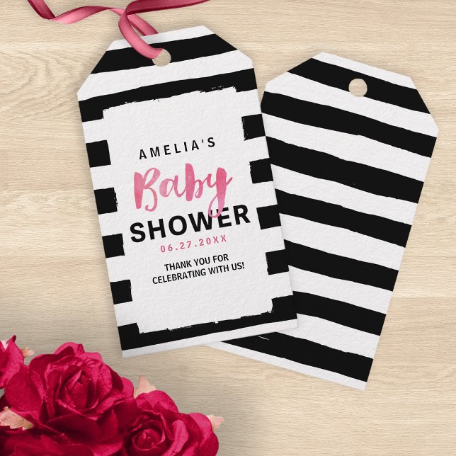Chic Black & White Rand Rosa Baby Shower Presentetikett (Skapare uppladdad)