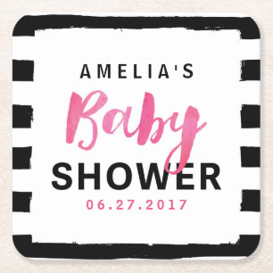 Chic Black & White Rand Rosa Baby Shower Underlägg Papper Kvadrat