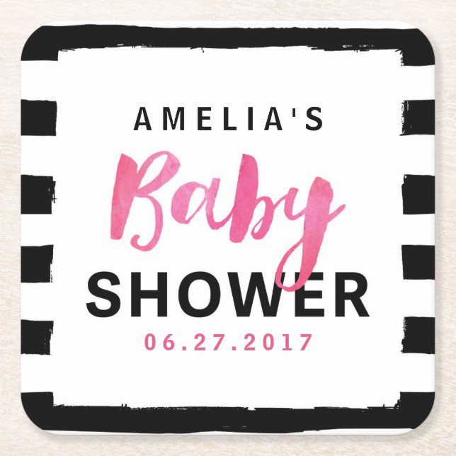 Chic Black & White Rand Rosa Baby Shower Underlägg Papper Kvadrat (Framsidan)