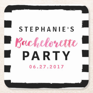 Chic Black & White Rand Rosa Bachelorette Party Underlägg Papper Kvadrat