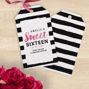 Chic Black & White Rand Rosa Sweet 16 Birthday Presentetikett
