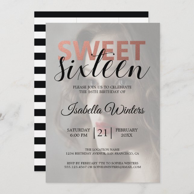 Chic Black White Rand Rosa Sweet 16 Photo Inbjudningar (Fram/baksida)
