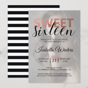 Chic Black White Rand Rosa Sweet 16 Photo Inbjudningar