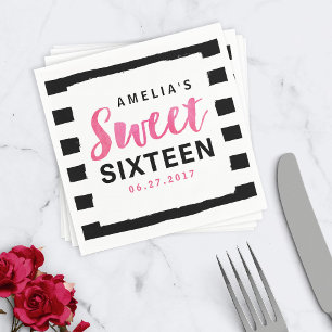 Chic Black & White Rand Sweet 16 Birthday Pappersservett