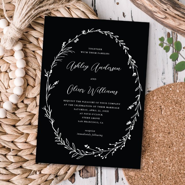 Chic Black White Rustic Wildblomen Wandeans Bröllo Inbjudningar (Skapare uppladdad)