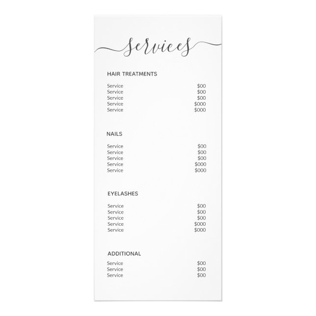 Chic Black White Salon Makeup Artist Service Menu Reklamkort (Baksidan)