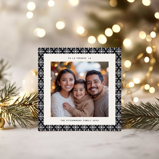 Chic Black & White Snowflake Photo jul Card Kort (Neutral Snowflake Modern Square Christmas Card)
